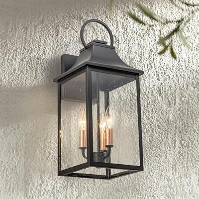 Outdoor Wall Lights Fixture for House, Large Porch Light Wall Mount, 18 Black Exterior Wall Sconce with Rose Gold 3-Light Candelabra Interior, Outside Patio Lighting for Front Porch, Garage