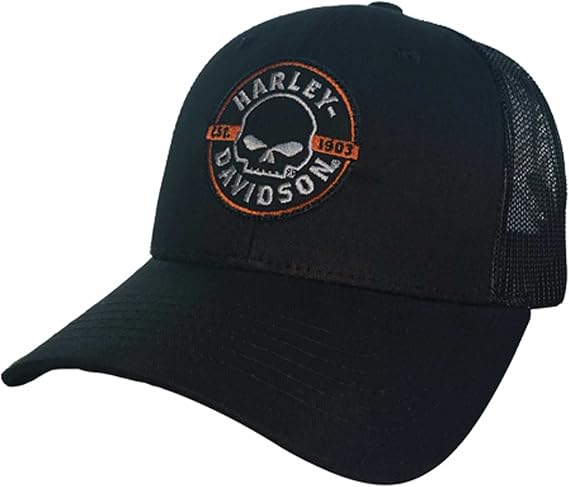 Harley-Davidson Men's Embers Skull Adjustable Snapback Mesh Trucker Hat - Black