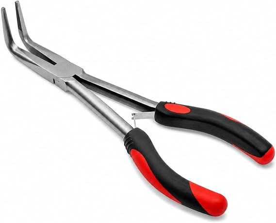 Powerbuilt Extra Long 11-Inch 90-Degree Bent Long Nose Pliers, 90 Long Reach Extended for Hard to Reach Narrow Spaces, Premium Chrome-Vanadium made, Double Injection TPR Soft-Grip Handles - 640862
