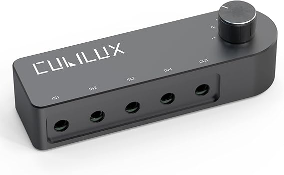 Cubilux Bidirectional 3.5mm Audio Switcher (1-in to 4-Out / 4-in to 1-Out), Stereo 1/8 Aux Selector Box for Speaker Headphones/Earphones, Audio Switch for Laptop Computer Smartphone Tablet