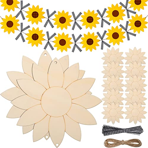 12 Pack Unfinished Sunflower Wood Cutout Crafts Unpainted Hanging Wood Signs Sunflower Cutouts for DIY Banner Painting Spring Summer Home Decoration