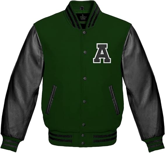 Men's Varsity Baseball Letterman Bomber Wool & Black Genuine Leather Sleeves A Logo Jacket