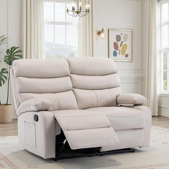 Manual Reclining Loveseat Leather RV Wall Hugger Loveseat Recliner with Overstuffed Arms Recliner Loveseat Sofa Hidden Storage for for Living Room RV Home Theater Apartment Beige
