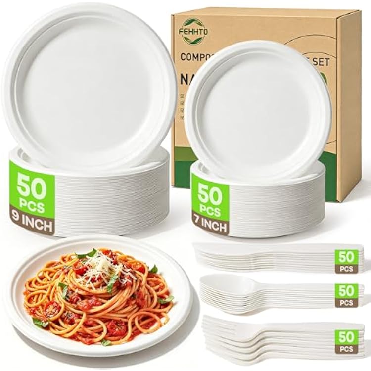 250PCS Disposable Paper Plates Set and Utensils, Compostable Dinnerware 9 and 7inch Plates, Biodegradable Paper Plates, Forks, Knives and Spoons for Party 50 People