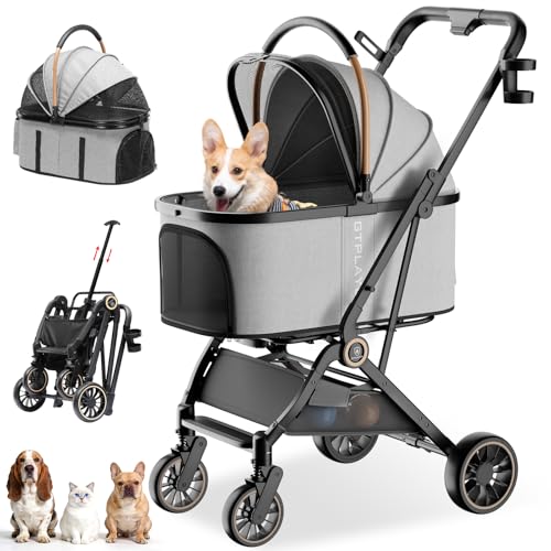 GTPLAYER Pet Stroller for Dogs & Cats, 3-in-1 Foldable Pet Strollers with Detachable Carrier, 360 Swivel Front Wheels & Rear Brakes, Up to 45 lbs, Grey