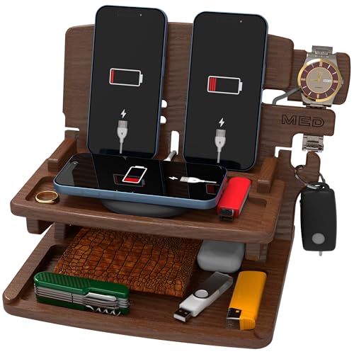 MED Wood Phone Docking Station for Men - Desk or Nightstand Organizer - Birthday Gifts for Husband, Dad - Anniversary Idea from Wife - Key Holder, Stand Wallet, Watch & Essentials Dark Walnut