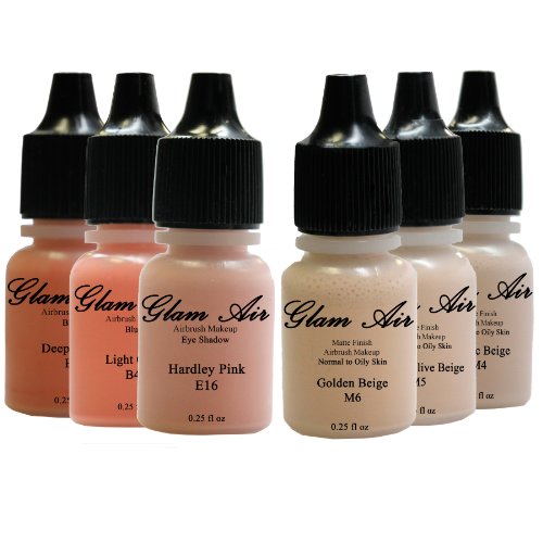 June Glow Collection Set of Six 6 Shades of Glam Air Airbrush Matte Makeup Foundation, Airbrush Blush and Airbrush Eye Shadow Water-based Formula Last All Day For All Skin Types0.25oz Bottles