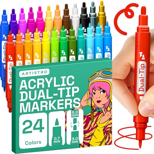 ARTISTRO 24 Dual-Tip Acrylic Paint Markers - Medium  Fine Tip Combo - 22 Bright Colors  2 Metallic Chrome Paint Pens