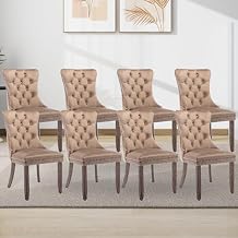 Velvet Dining Chairs Set of 8, Upholstered with Ring Pull Trim & Button Back (Khaki)