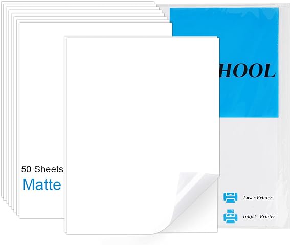 Sticker Paper for Inkjet Printer Waterproof Label Printable Vinyl for Cricut Maker Blank Matte Self-adhesive Sticker 8.5inch X 11inch Size Total 50 Sheets