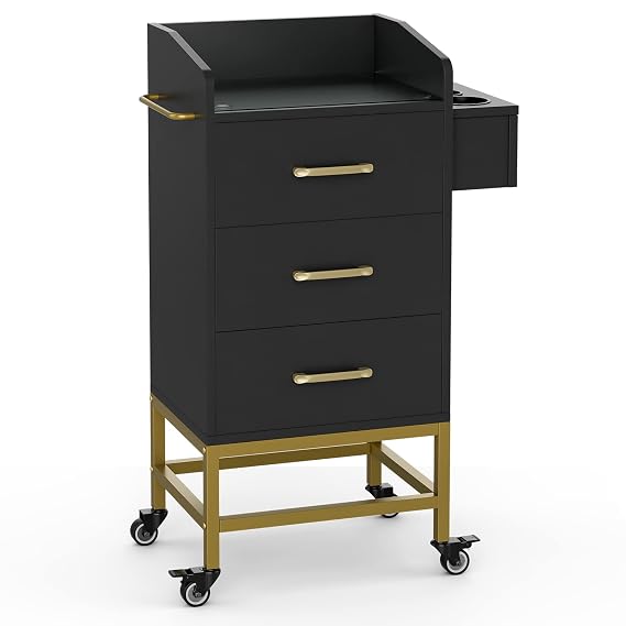 Paddie Beauty Salon Storage Trolley Cart, Glass Top Hair Salon Station Cabinet with Dryer Holder, Lockable Rolling Wheel, Drawer - Black