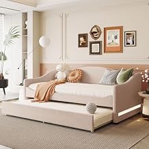 Merax Twin Size Upholstered Daybed with Light and Trundle, Beige Teddy Fleece Sofa Bed Modern Wooden Platform Bed Frame for Bedroom, Living Room, Guest Room, Apartment