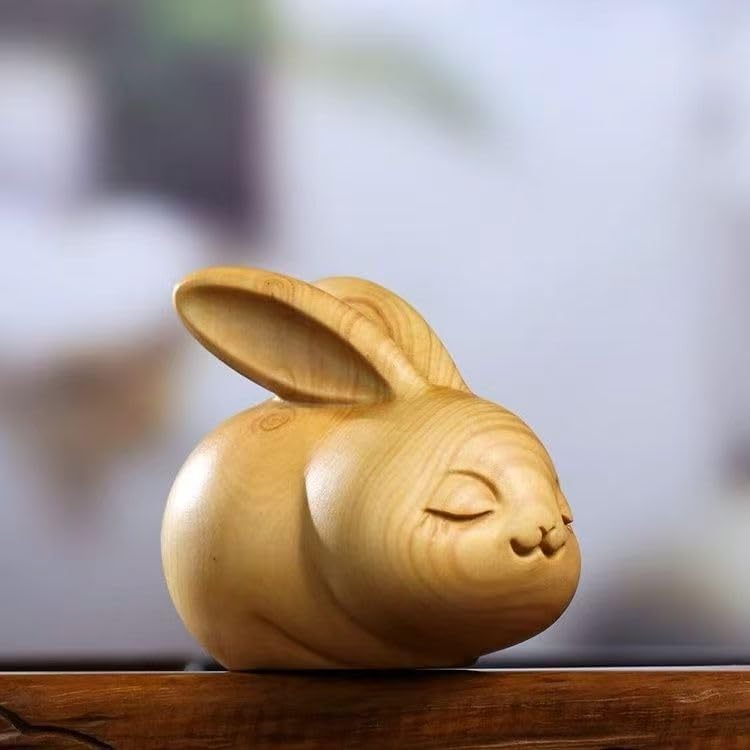 Handmade Wooden Rabbit Bunny Easter Bunny Figurine Animal Carving Statue Office Desk Study Room Home Decoration Meditation Rabbit