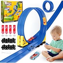 Cieex Flexible Race Track for Kids, 16.5 Ft Flex Track Set with 4 Cars & 4 Suction Cups | Roll Up Race Car Track for Indoor & Outdoor Play | Portable Toy Car Ramp Track for Boys & Girls| Birthday Gift