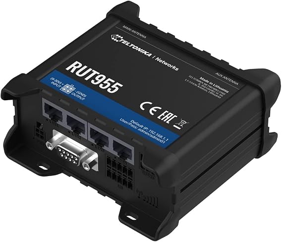 Teltonika RUT955J7V020 Model RUT955 Industrial Cellular Router; Dual SIM; 4G LTE (Cat 4), 3G, 2G Connectivity; for use with T-Mobile and AT&T; Auto Failover; Auto APN; Up to 100 Wi-Fi Users