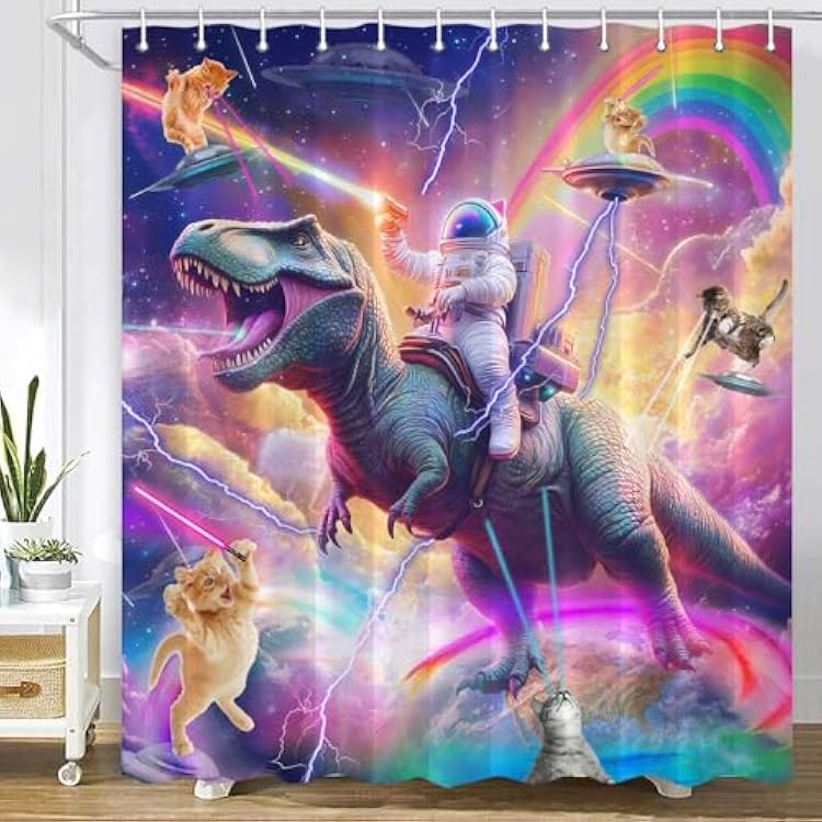Dinosaur Shower Curtain, Cool Funny Astronaut Riding Dinosaur On Fantasy Galaxy Hilarious Shower Curtain, Funny Outer Space Universe Boys Kids Bathroom Accessories Set with Hooks72X75inch, Purple2