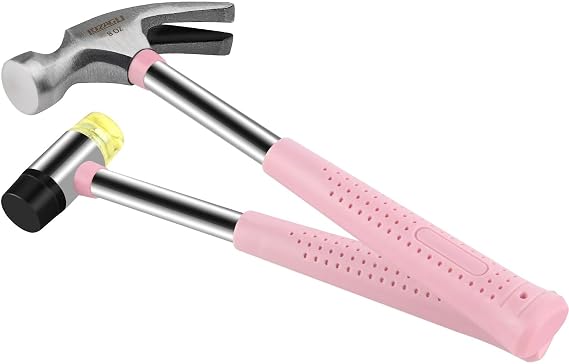 8oz Hammer, 2-Piece Small Claw Hammer & Rubber Mallet Hammer Mini Hammer Set(Pink)