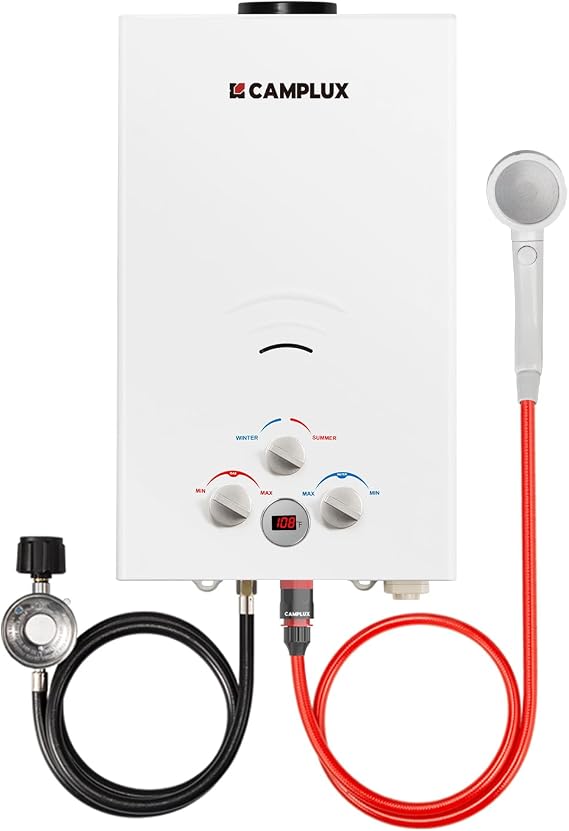 CAMPLUX Tankless Water Heater Propane, 2.64GPM Portable Water Heater for Off Grid, Camping,BW264, White