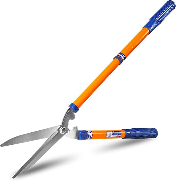 WADFOW WPR1E95 Hedge Clippers:Bush Clippers With Adjustable Length Handle and Wavy SK-5 Steel Blade,Hedge Shears for Pruning Borders and Bushes, Blue and Yellow