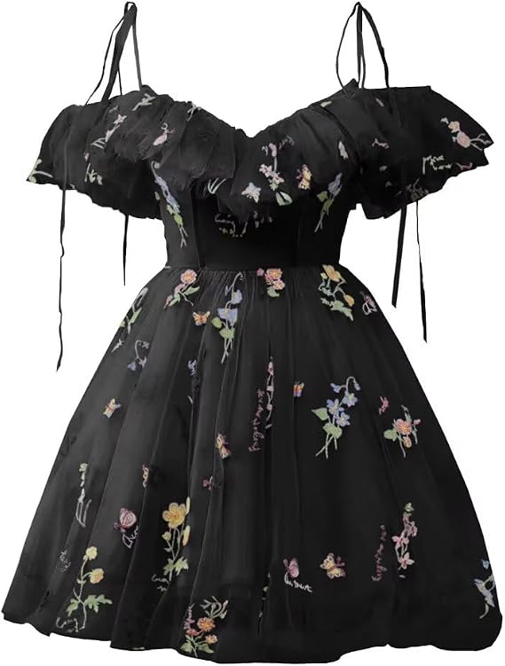 UZN Cold Shoulder Flower Embroidery Tulle Homecoming Dresses Short for Teens Formal Cocktail Party Prom Gowns