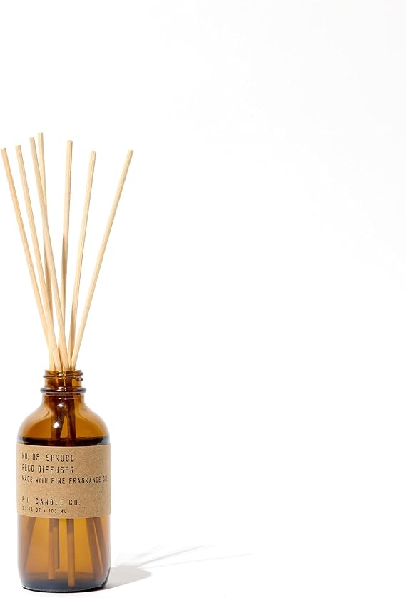 P.F. Candle Co. Spruce Seasonal Fall Autumn Scented Rattan Reed Diffuser (3.5 fl oz) Amber Glass Jar, Fine Fragrance Oil, Flame-Free Fragrance, Made in The U.S.A.