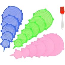 Silicone Stretch Lids, 18 Pack with Free Silicone Brush, 6 Sizes for Bowls, Cans & Containers, Reusable Food-Grade Covers for Food Storage, Leakproof & Microwave Safe