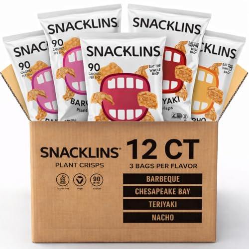 SNACKLINS Plant Based Crisps 4 Flavor Variety - Nacho, BBQ, Teriyaki, Chesapeake Bay - Gluten Free, Grain Free, 100% Kosher, Crunchy Puffed Snack Only 90 Calories Per Bag - .9oz Bag Case of 12