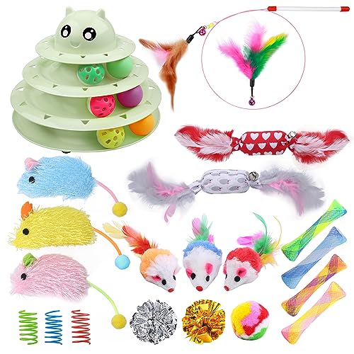 UPSKY 24 PCS Cat Toys, 3-Level Turntable Kitten Toys Set, Interactive Cat Roller Toys for Indoor Cats, Catnip Toys, Cat Teaser Toys, Mice Toys, Spring Toys, Various Ball Toys for Kitty