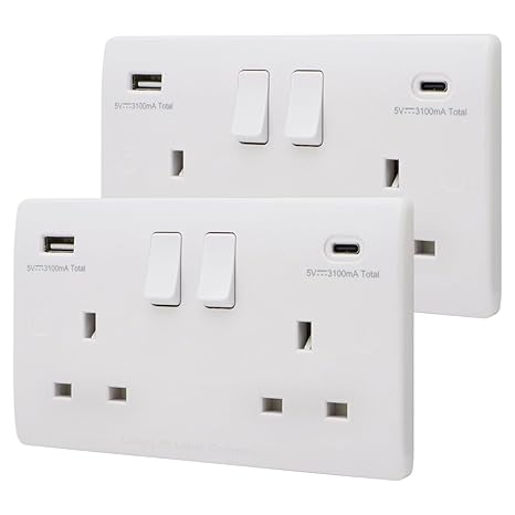 2 Gang 13amp Double Switched Socket USB C and A Charging, UK Plug Wall Outlet Pack of 2 USBW4AC