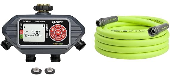 Eden 4-Zone Programmable Digital Water Timer + Flexzilla Garden Hose 5/8 in. x 25 ft