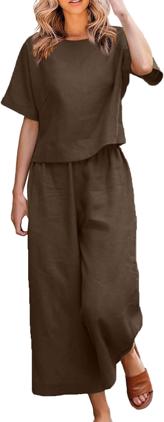 Two Piece Sets for Women Cotton Linen Short Sleeve Top with Wide Leg Pants Matching Sets Loungewear Vacation Outfits