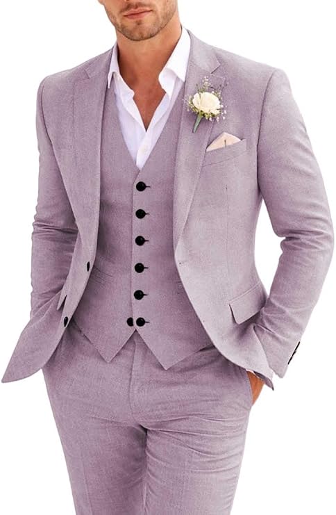 Men's Linen Suits Slim Fit 3 Piece Business Formal Suits for Men Wedding Groom Prom Tuxedo Dinner Party