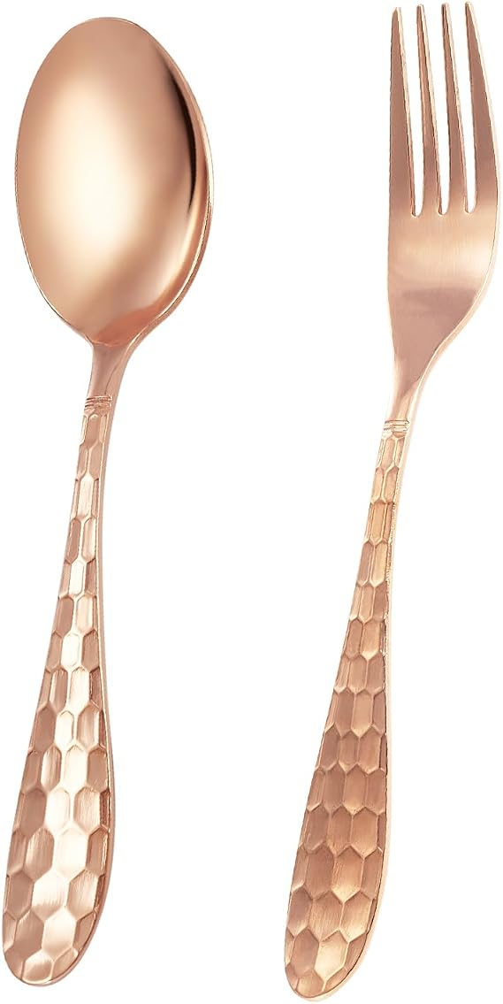 Copper Spoons And Forks Set - 99% Pure Hammered Copper - Heavy Duty Kitchen & Salad Forks - Elegant Cutlery For Restaurant, Home Dining & Entertaining