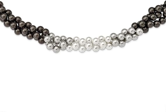 Solid 925 Sterling Silver Majestik Rh 3 Row 10-11mm Gry Wt Blk Shell Necklace