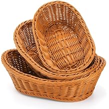 Yarlung 3 Pack Small Woven Breads Baskets, Oval Fruit Baskets Stackable Plastic Wicker Basket for Serving Vegetables, Kitchen, Restaurant, Outdoor, Imitation Rattan Brown, 3 Sizes