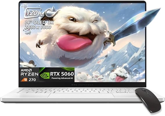 ASUS ROG Zephyrus G14 AI Gaming Laptop, 14" OLED 3K 120Hz G-SYNC Display, AMD Ryzen 9 270, RTX5060 8GB, 16GB LPDDR5X RAM 1TB SSD, WiFi7 Bluetooth, Backlit KB, Windows 11, White, Mouse, W/GaLiMu