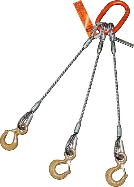 Three Leg Wire Rope Sling | 1.7 Ton Vertical Rated | Eye Hooks with Safety Latches | 1/4" Dia. | 3' Length | EIPS 6x25 IWRC | Hanes Supply (HSI) Heavy Duty Rigging Cable for Lifting and Towing