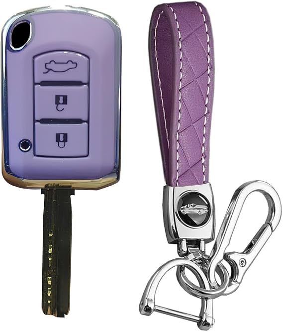 KUNIO TPU Folding Car Key Fob Cover Case Fit for Mitsubishi Eclipse Cross Outlander Sport Mirage G4 Lancer 2019 2020 2021 Space Star 2023 Protective Cover Keychain Key Holder 3 Button A Purple