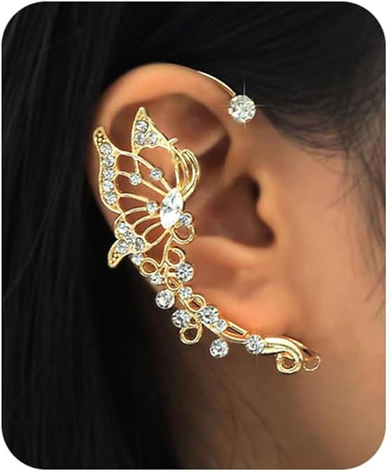 2 PCS Butterfly Ear Cuff Fairy Wing Cuff Wraps Vintage Non-Piercing Fake Earrings for Women Bridal Wedding Party Prom Ball Jewelry Crystal Rhinestone Sparkling