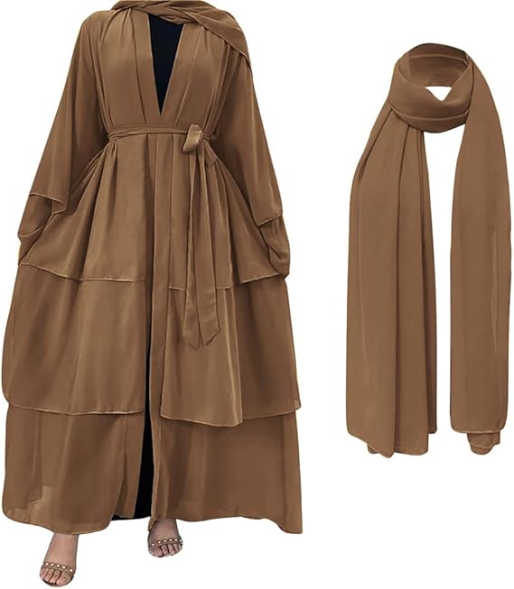 AFAVOM Abayas for Women Muslim Islamic Open Front Cardigan Full Length Maxi Chiffon Kaftan Robe Prayer Dress with Hijab Scarf