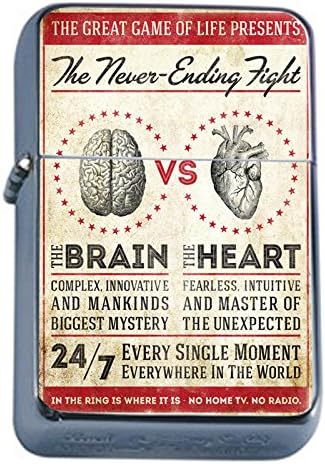 Silver Flip Top Oil Lighter Vintage Poster D-212 The Never Ending Fight The Brain Vs The Heart