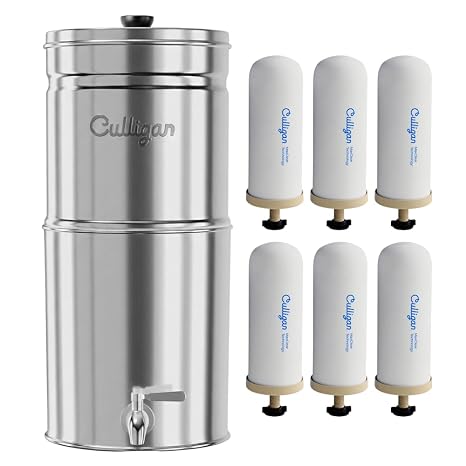 Culligan MaxClear Gravity Water Filter System - Microplastics, Lead & PFAS | IAPMO Certified | Nesting & Portable | 3 Gallon | 6 Ceramic + Carbon Filters Included | Premium Polished Stainless Steel