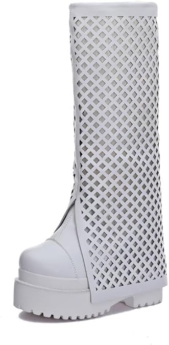 Women's Genuine Leather Height Increasing Wedges White Platform Cut Out Perforated Breathable Knight Long Knee - High Summer Cool Fold Over Boots 240305