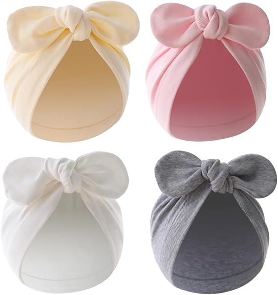 4PCS Newborn Baby Bow Knot Turban Hat Infant Toddler Hospital Hat Cotton Head Wrap Beanie Cap