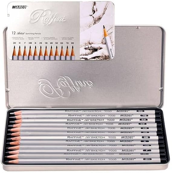 Raffine Artist Graphite Pencils Set for Drawing, Sketching, Writing, Tin Gift Box, 12 Degree Set -2H, H, F, HB, B, 2B, 3B, 4B, 5B, 6B, 7B, and 8B (12 pc)