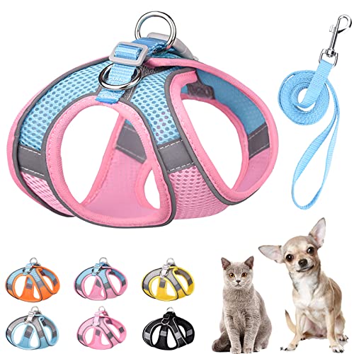 Soft Small Dog Harness and Leash Set Mesh Puppy Harnesses Leash Easy Walk Dog Harness Vest Adjustable Reflective No Pull Dog Harnesses for Small Dogs Cats Pink Blue,L