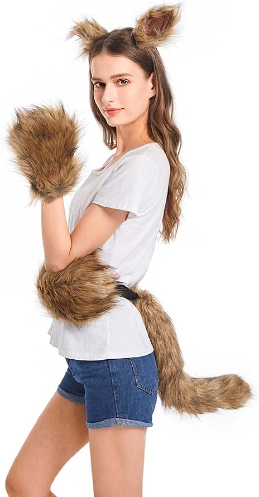 ZAMY Wolf Ears Tail and Gloves Set, Faux Fur Wolf Costume Accessories Halloween Party Costume Toys Gift for Women and Kids
