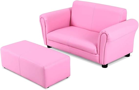 GLACER Kids Sofa with Footstool, Upholstered Toddler Couch Chair for Boys and Girls, 2 Seat Baby Sofa Chair Children Armchair with Sturdy Wood Construction, ASTM and CPSIA Certified (Pink)