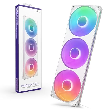 NZXT F420 RGB Core - 420mm Single-Frame RGB Fan Unit - White | 420mm single-frame unit with three 140mm RGB fans on one cable. Speed and lighting controlled through CAM.
