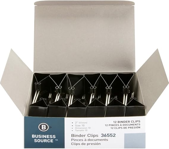 Business Source Fold-Back Binder Clips, Black, Large (Pack of 12)